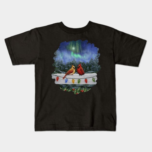 Red Cardinals and Christmas Lights Holiday Scene Kids T-Shirt by csforest